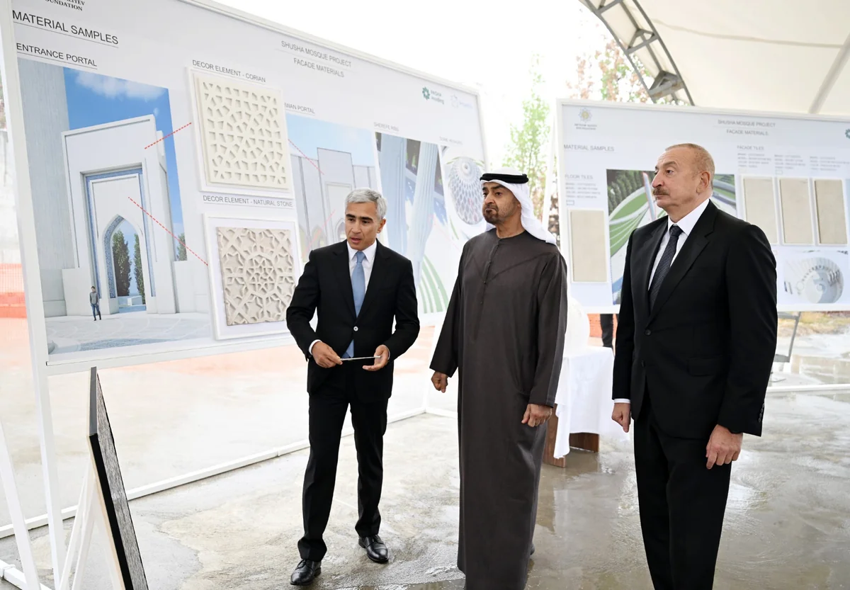 Presidents Ilham Aliyev and Sheikh Mohamed bin Zayed Al Nahyan review construction progress at New Shusha Mosque