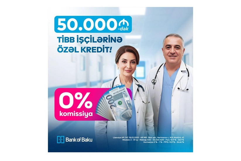 Bank of Bakudan SƏHİYYƏ, TİBB işçiləri üçün 50 000 manata qədər KOMİSSİYASIZ kredit