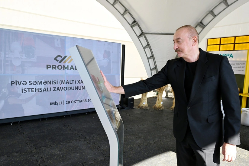 Президент Ильхам Алиев открыл предприятие по переработке ячменя Promalt в Имишли
