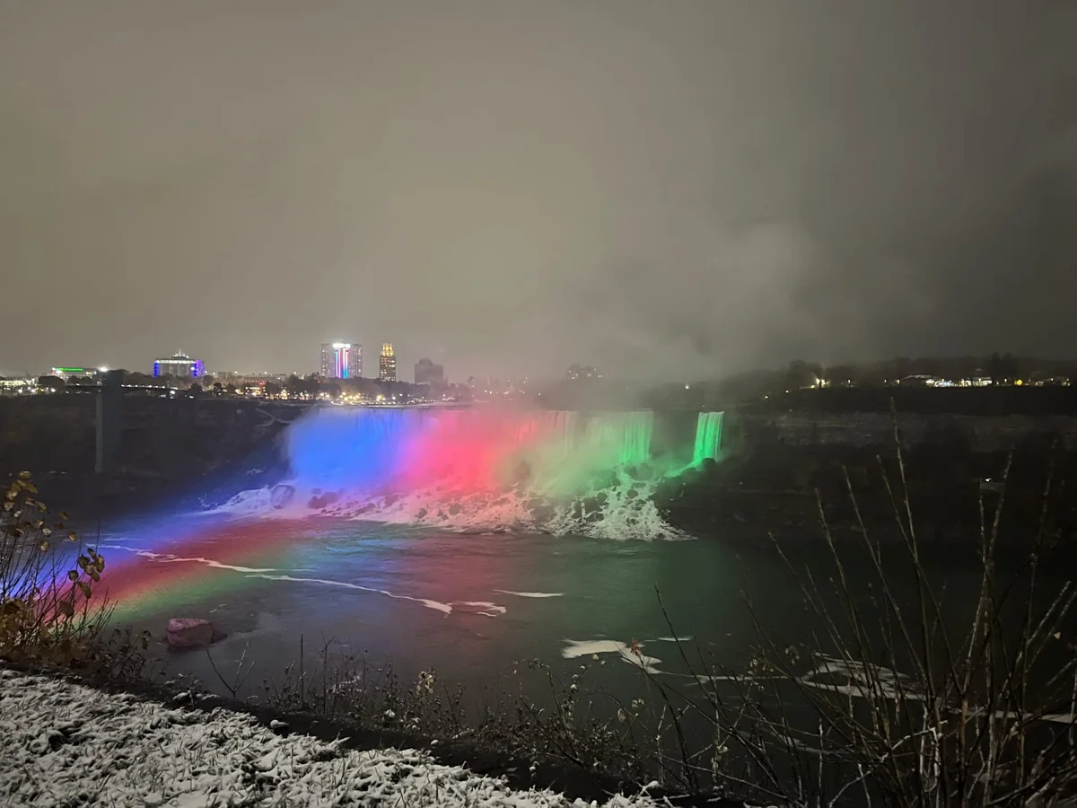 Niagara Falls illuminated in colors of Azerbaijani flag