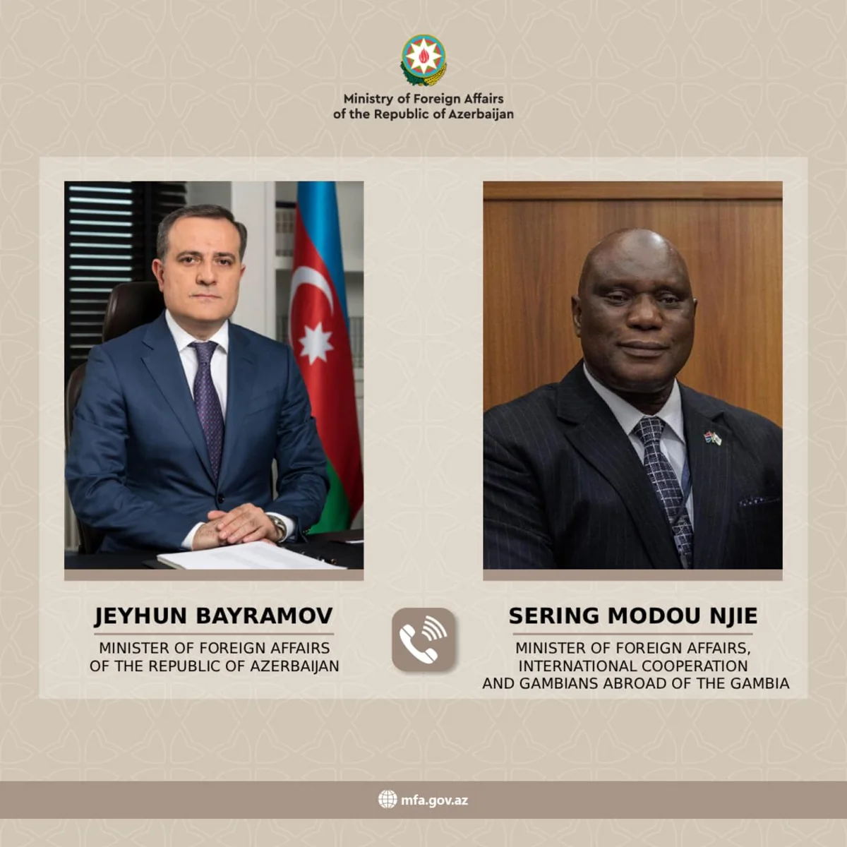 Jeyhun Bayramov congratulates his Gambian counterpart on his appointment as FM