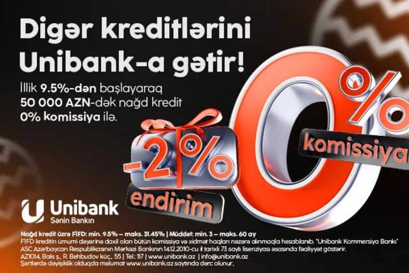 Unibankın Yeni il kampaniyası davam edir: 0 % komissiya, 2 % endirim!