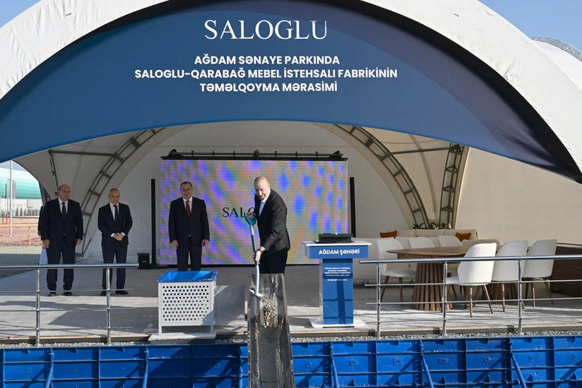 İlham Əliyev Ağdam Sənaye Parkında Saloğlu Qarabağ MMC-nin istehsal müəssisəsinin təməlini qoyub