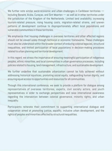 Participants of int'l conference on 'Colonial Injustices and the Housing Shortage' issue statement