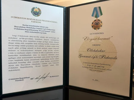 Özbəkistan Prezidenti Allahşükür Paşazadəyə Xalqın və Vətənin Hörməti ordenini təqdim edib