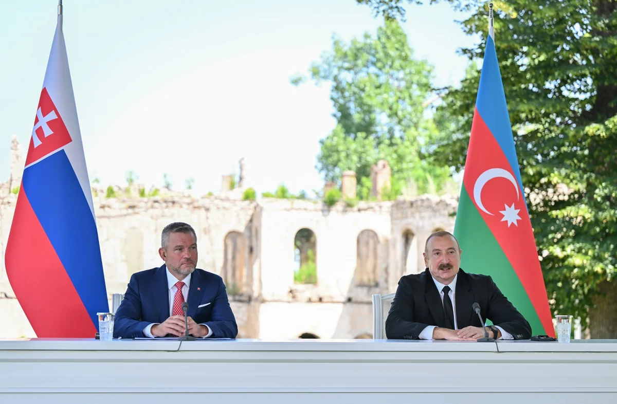 Ilham Aliyev and  Peter Pellegrini deliver press statements in Shusha