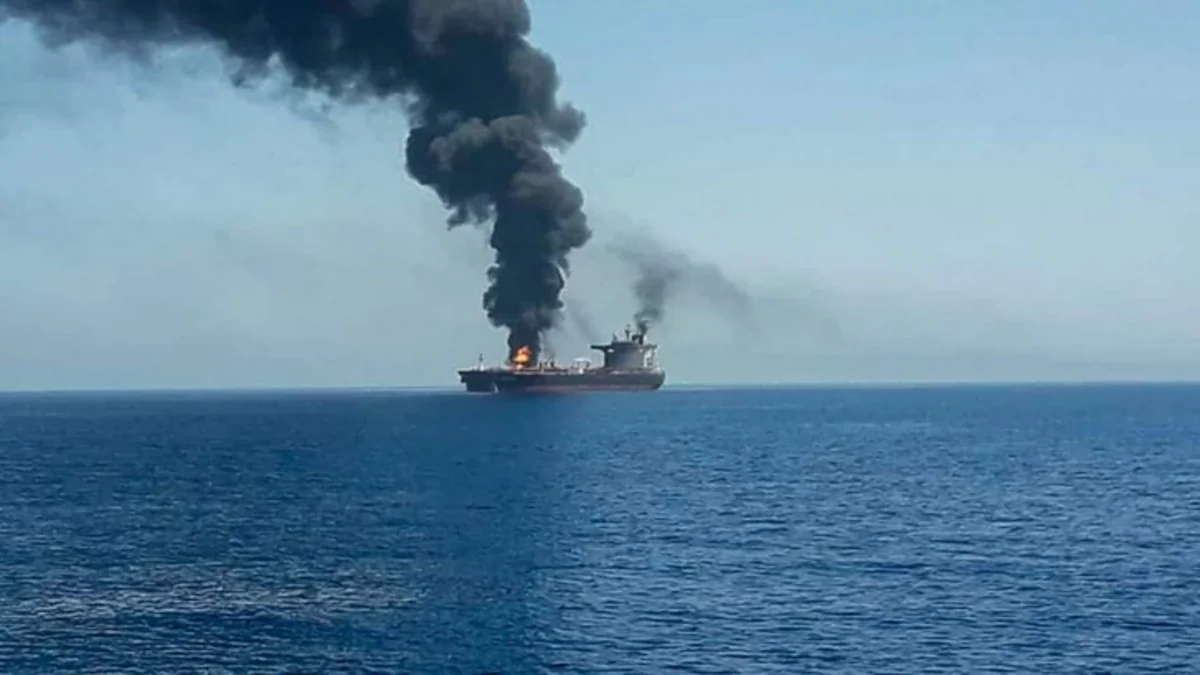 Oil tanker explodes in Strait of Hormuz after hitting sea mine