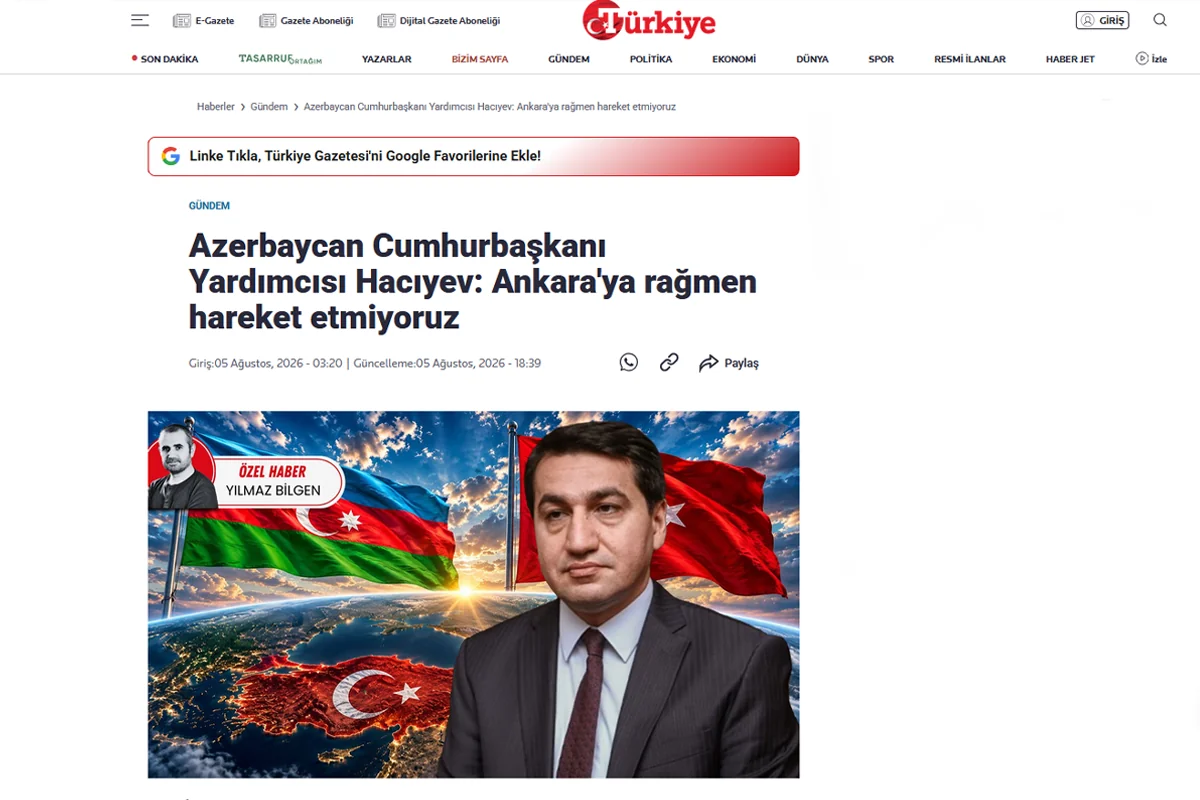Hikmat Hajiyev says Turkish newspaper distorted his remarks