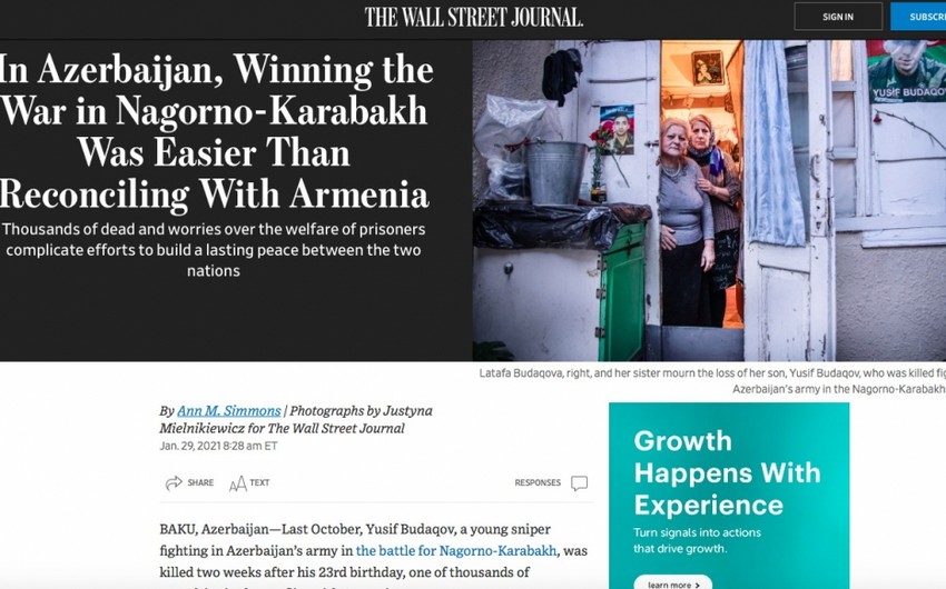 ABŞ-ın “Wall Street Journal” nəşrində Azərbaycanın Qarabağ müharibəsində qələbəsinə həsr edilmiş məqalə dərc olunub