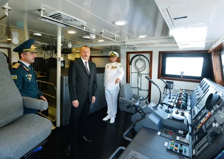 President Ilham Aliyev views newly built Tufan type border guard ship