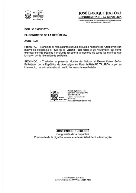 Peruvian Congress adopts statement on occasion of Azerbaijan’s Victory Day