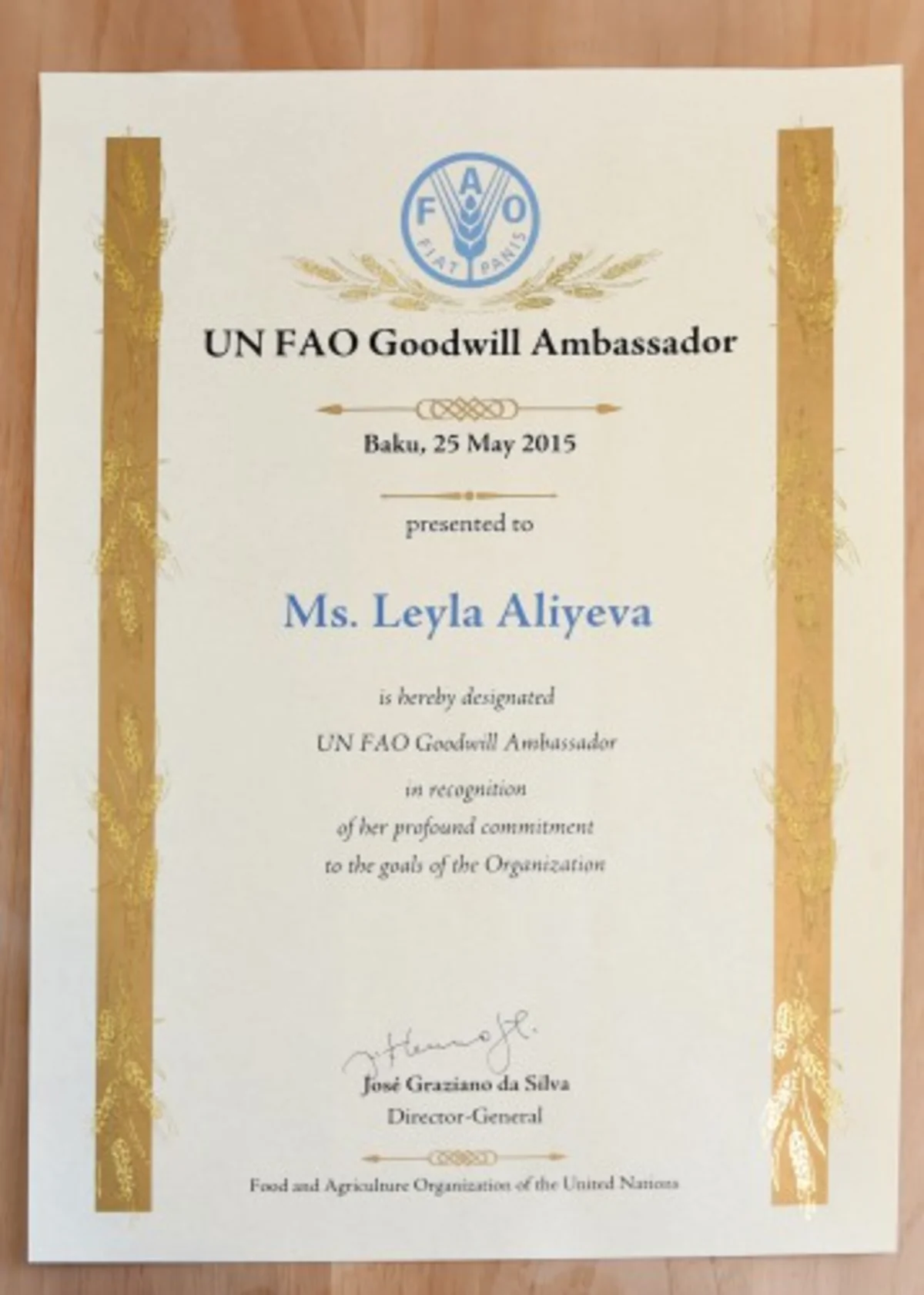 Leyla Əliyeva FAO-nun xoşməramlı səfiri adına layiq görülüb