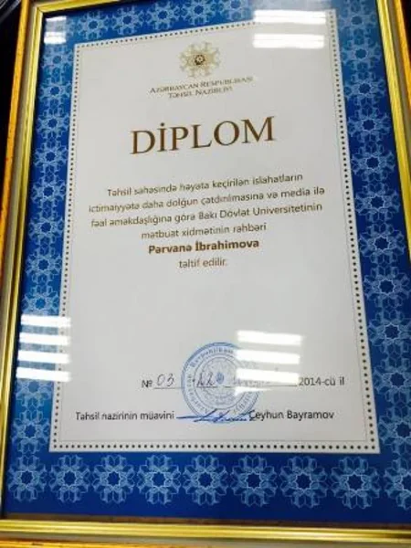 Təhsil Nazirliyi BDU-nun mətbuat xidmətinin rəhbərini diplomla təltif edib