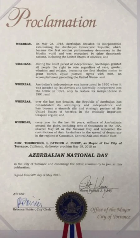 Several U.S. states and cities proclaim May 28 as Azerbaijan National Day
