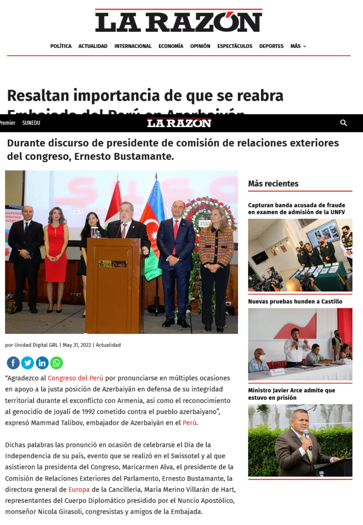 Influential Peruvian newspaper writes about Azerbaijan