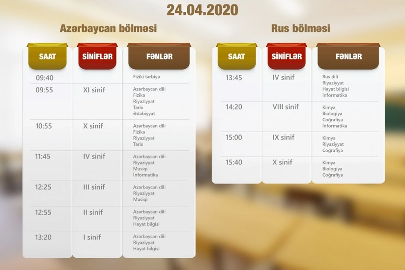 Teledərslərin sabaha olan cədvəli açıqlandı