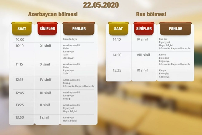 Dərs vaxtının sabaha olan cədvəli