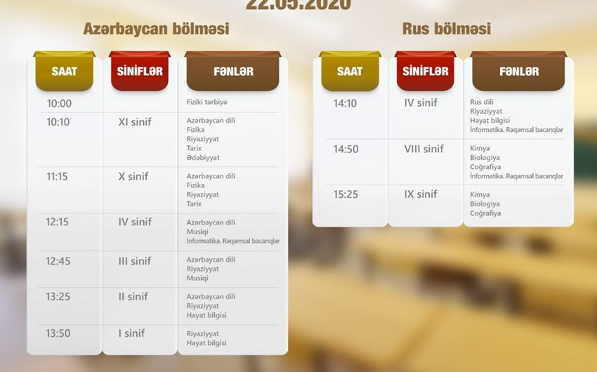 Dərs vaxtının sabaha olan cədvəli