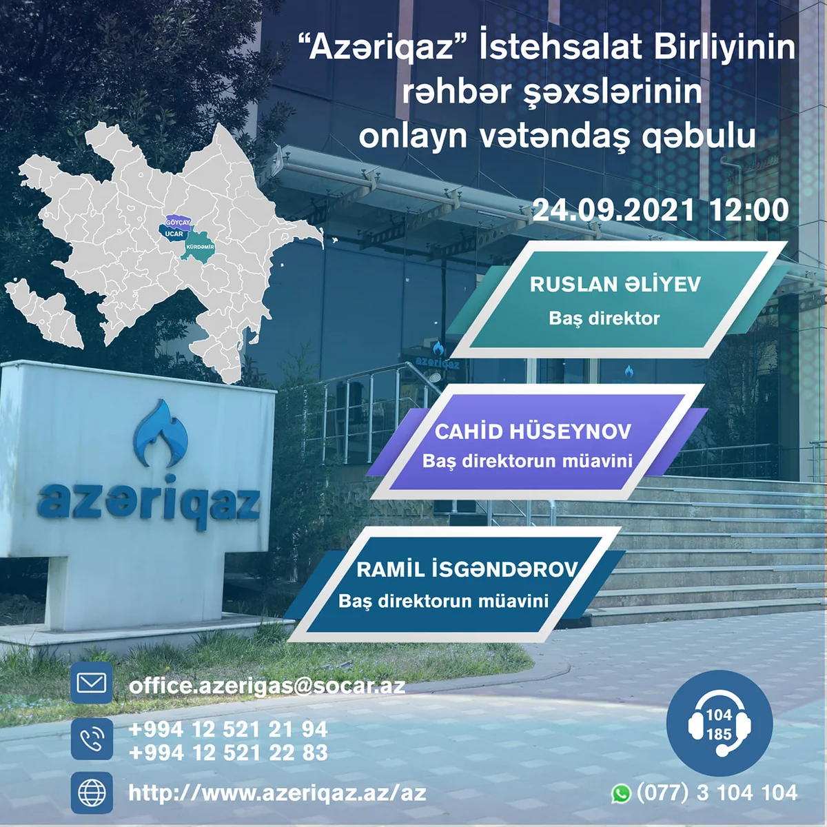 “Azəriqaz” rəhbərliyi bu gün onlayn vətəndaş qəbulu keçirəcək