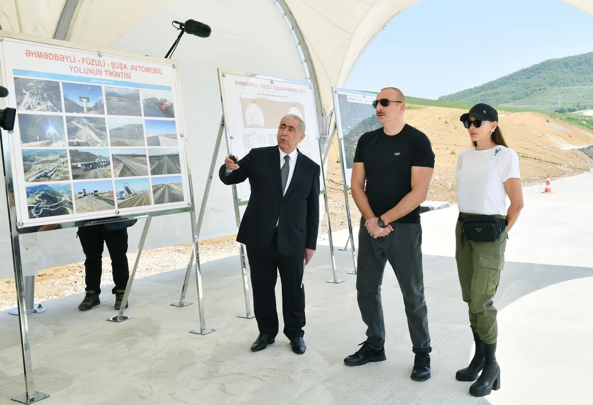 Azerbaijan's President, First Lady view progress of work at 66th-81st kilometer section of Ahmadbayli-Fuzuli-Shusha highway