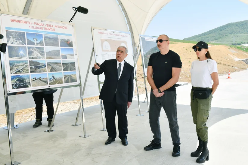Azerbaijan's President, First Lady view progress of work at 66th-81st kilometer section of Ahmadbayli-Fuzuli-Shusha highway