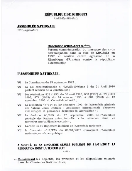 Djibouti recognizes Khojaly genocide