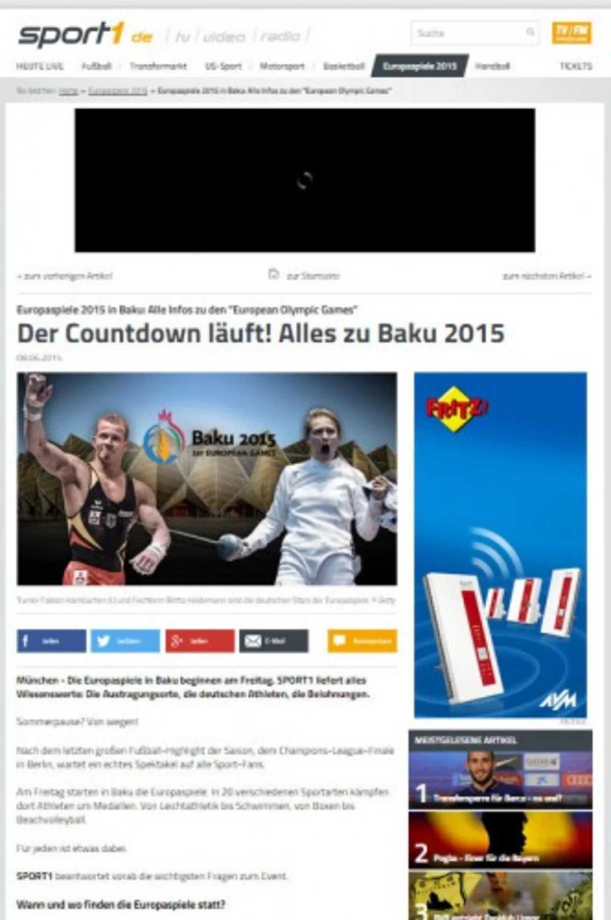 German Sport1 TV website highlights Baku 2015