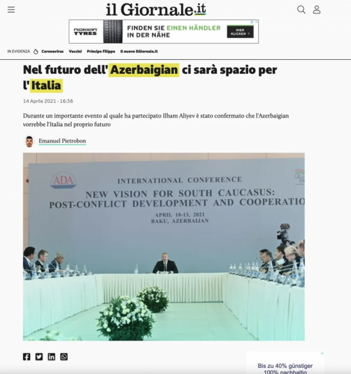 Prezident İlham Əliyevin fikirləri İtaliya mətbuatında