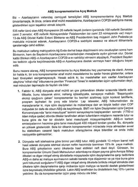 Azərbaycan QHT-ləri 26 ABŞ konqresmeninə açıq məktub ünvanlayıblar
