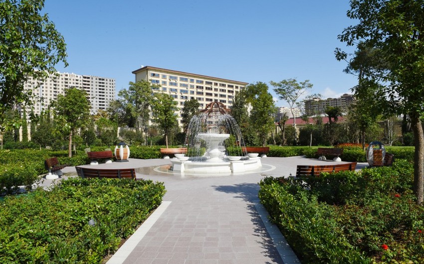 Bakıda parkda dekorativ daş uşağın üzərinə aşıb