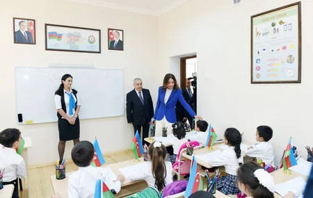 Azerbaijan's First VP views new building of Gubadli district Khanlig village school in Ramana