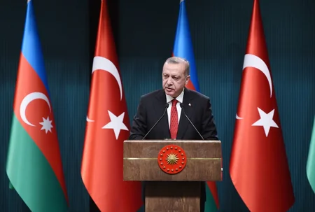 Azerbaijani and Turkish presidents making joint statements to press