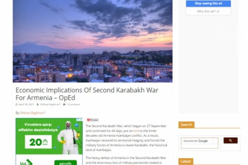 “Eurasia Review”: İkinci Qarabağ müharibəsi Ermənistan üçün ciddi iqtisadi problemlər yaradıb