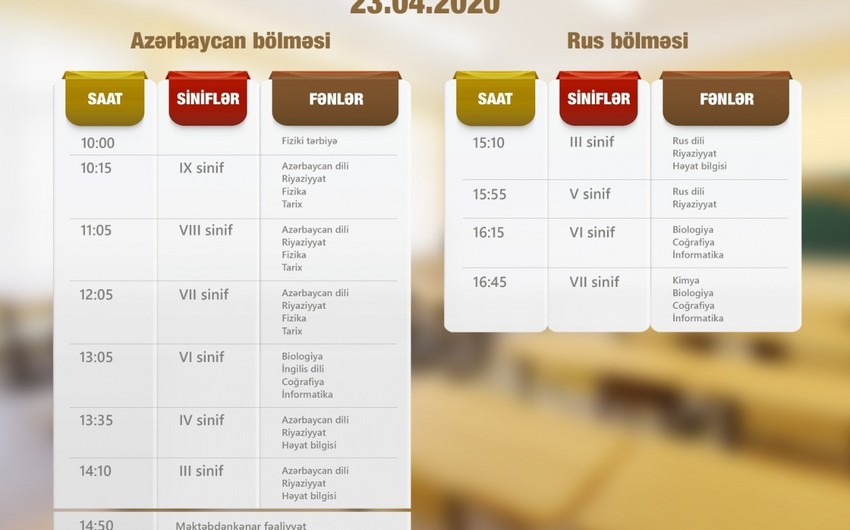 Dərs vaxtının sabaha olan cədvəli