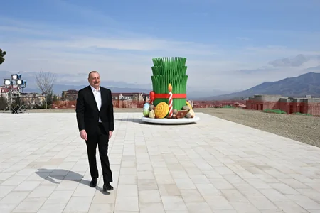 President Ilham Aliyev lights Novruz bonfire in Khankandi