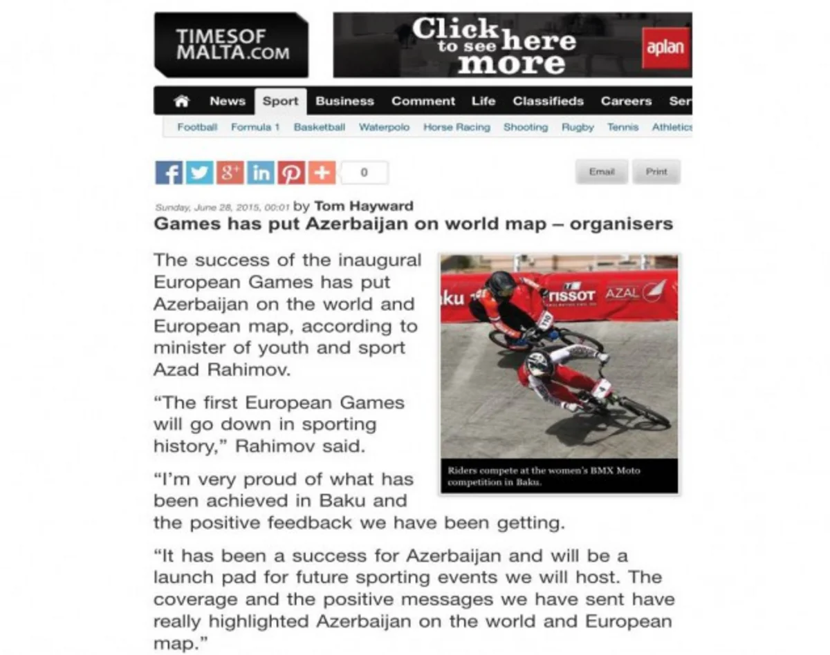Times of Malta writes on Azerbaijan's success in Baku 2015 Games
