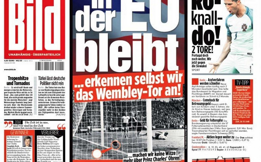 Bild: Böyük Britaniya Aİ-də qalsa, Uemblidə topun qapı xəttini keçdiyini bəyan edəcəyik