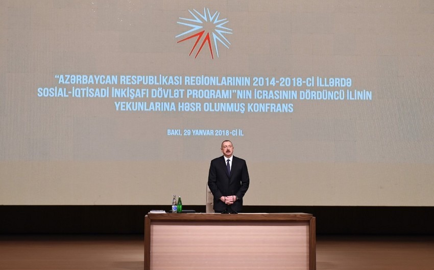 Prezident regionların 2014-2018-ci illərdə sosial-iqtisadi inkişafı proqramının icrasının yekunlarına həsr olunan konfransda iştirak edir - YENİLƏNİB