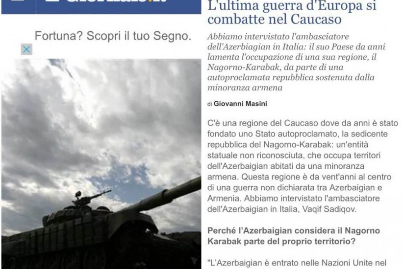 Azərbaycan səfiri İtaliya mətbuatında Dağlıq Qarabağ münaqişəsi ilə bağlı həqiqətlərdən danışıb