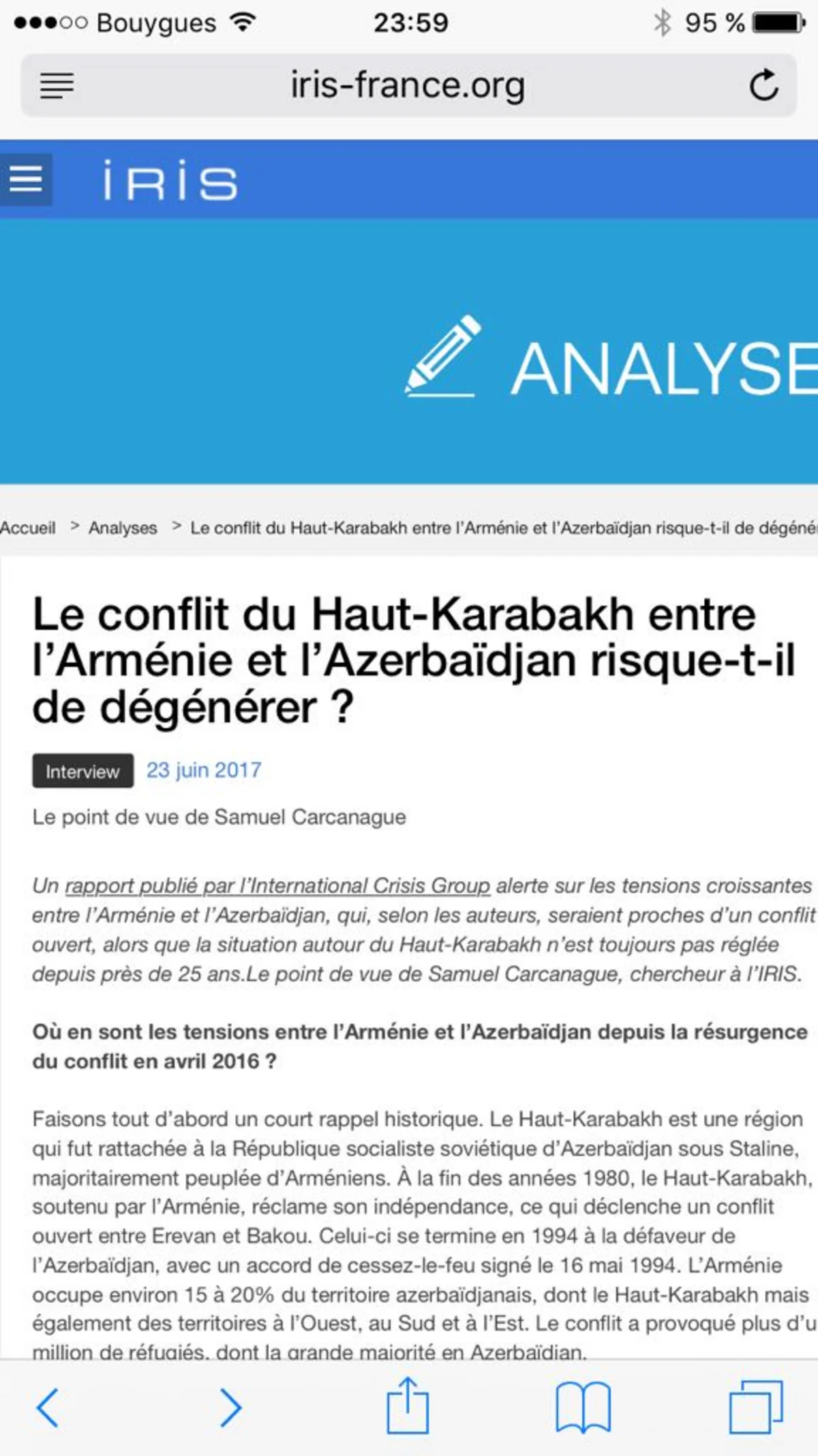 Fransanın Beynəlxalq Münasibətlər və Strategiyalar İnstitutunun alimi: Ermənistan Azərbaycan torpaqlarını işğal edib