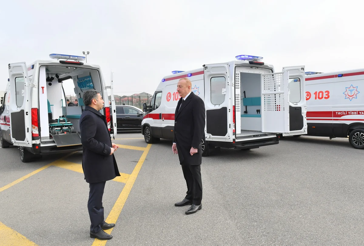President Ilham Aliyev views newly acquired modern ambulances