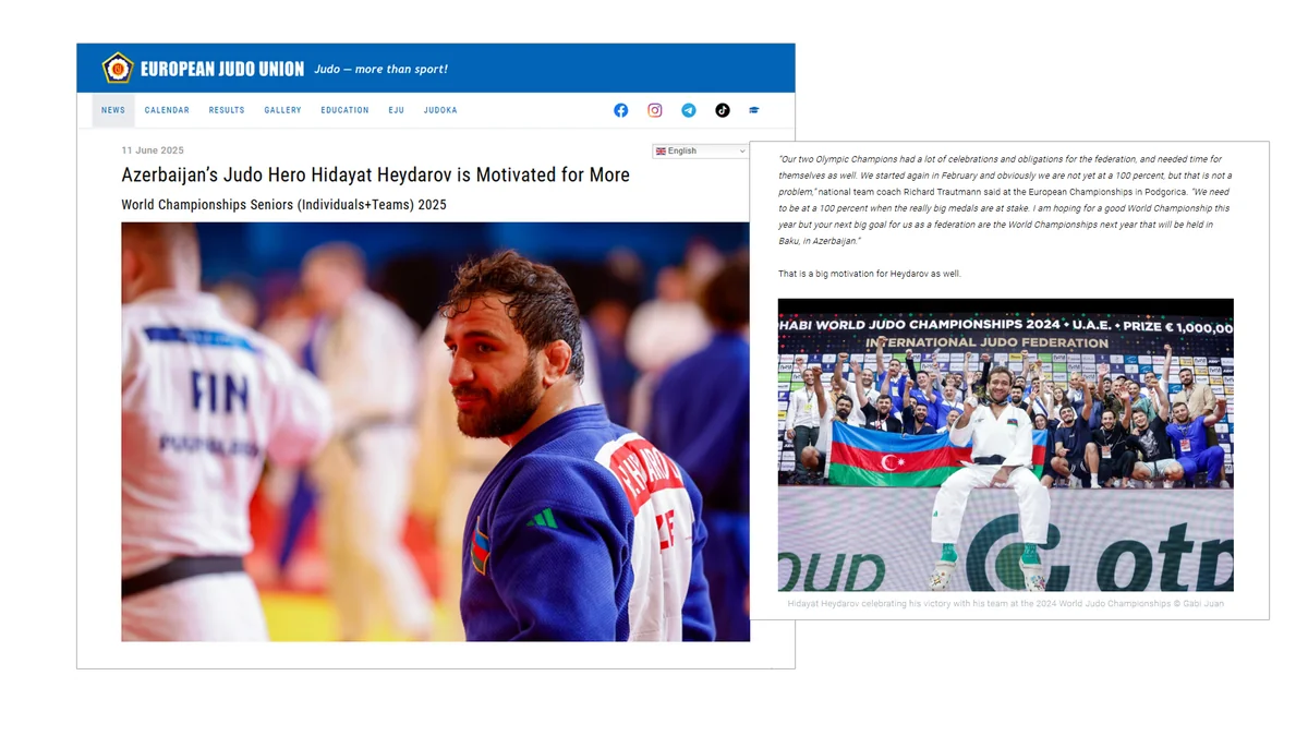 Avropa Cüdo Birliyi Olimpiya və dünya çempionu Hidayət Heydərovla bağlı yazı dərc edib