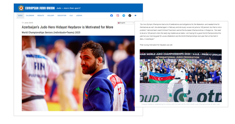 Avropa Cüdo Birliyi Olimpiya və dünya çempionu Hidayət Heydərovla bağlı yazı dərc edib