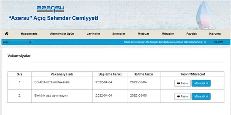 “Azərsu” işə qəbulu elektronlaşdırıb