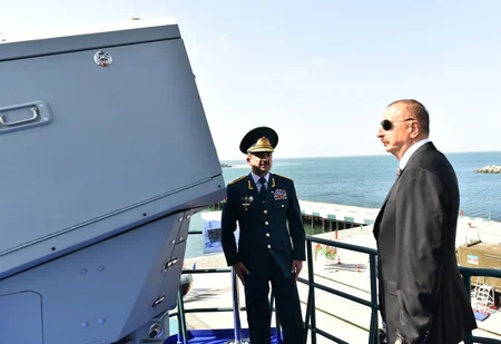 President Ilham Aliyev views newly built Tufan type border guard ship