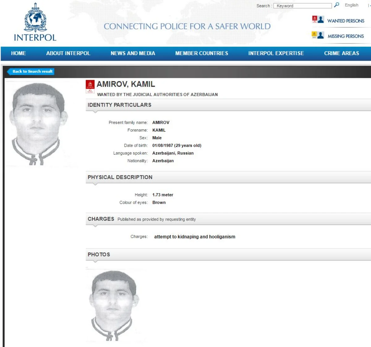 Azərbaycan dövləti adam oğurlamaq istəyən şəxsi beynəlxalq axtarışa verib - FOTO