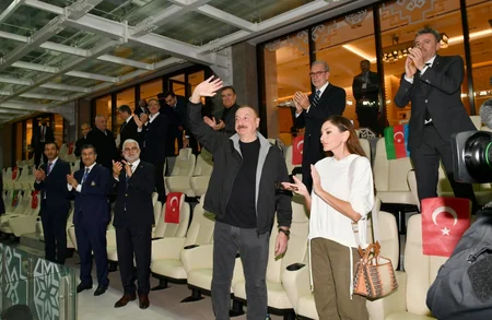 President Ilham Aliyev and First Lady Mehriban Aliyeva watch Qarabag vs Galatasaray charity match
