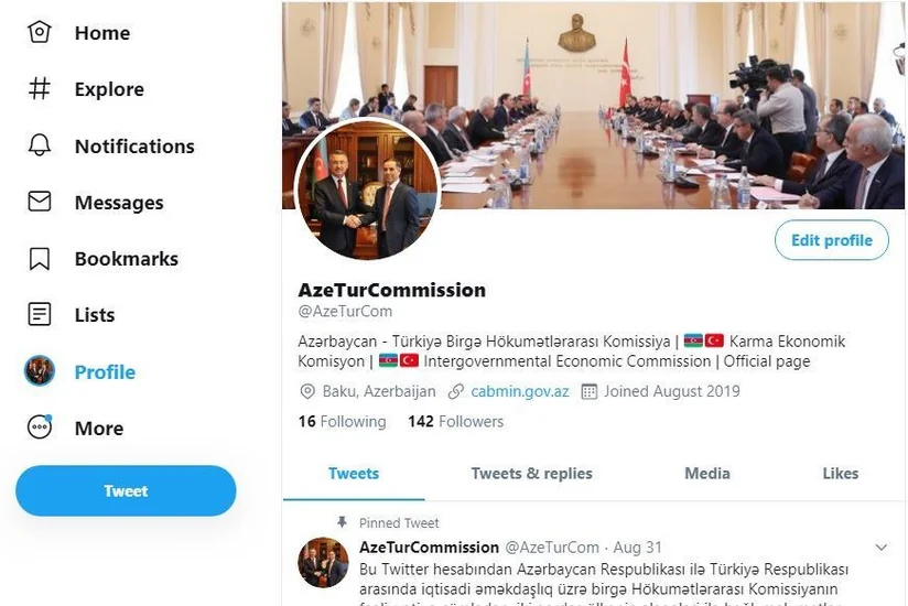 Azərbaycan-Türkiyə Birgə Hökumətlərarası Komissiyanın rəsmi Twitter səhifəsi yaradılıb