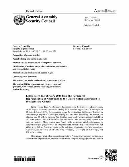 Azərbaycanın Xocalı soyqırımı ilə bağlı Baş katibə göndərdiyi məktub BMT-nin rəsmi sənədi kimi yayılıb