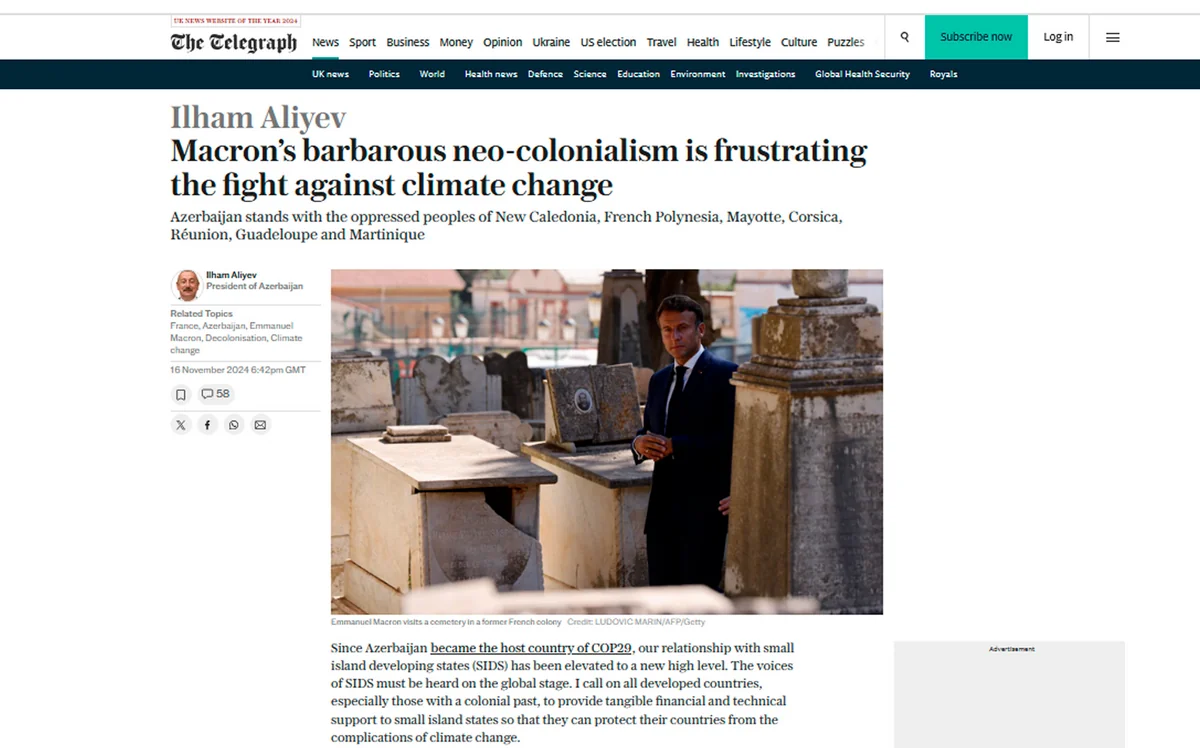 The Telegraph extensively covers President Ilham Aliyev's speech at SIDS Summit